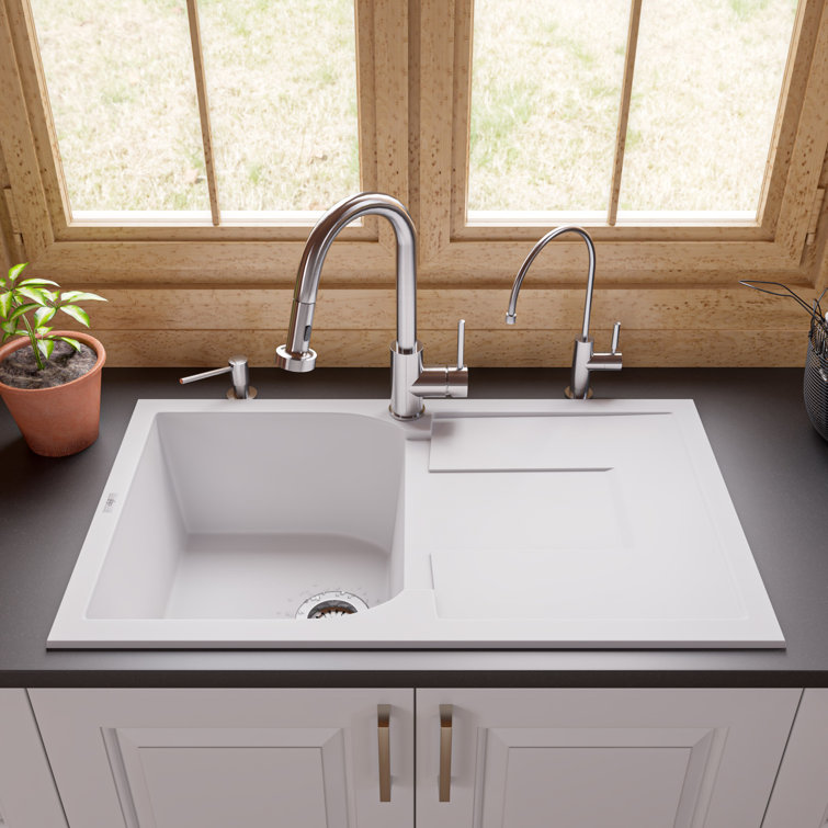34'' White Granite Single Bowl Kitchen Sink with Drainboard