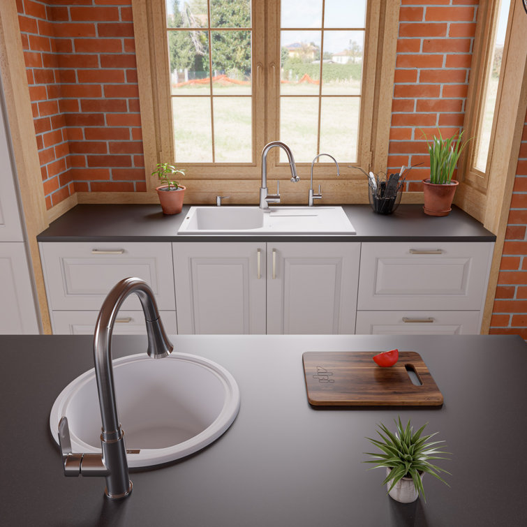 34'' White Granite Single Bowl Kitchen Sink with Drainboard