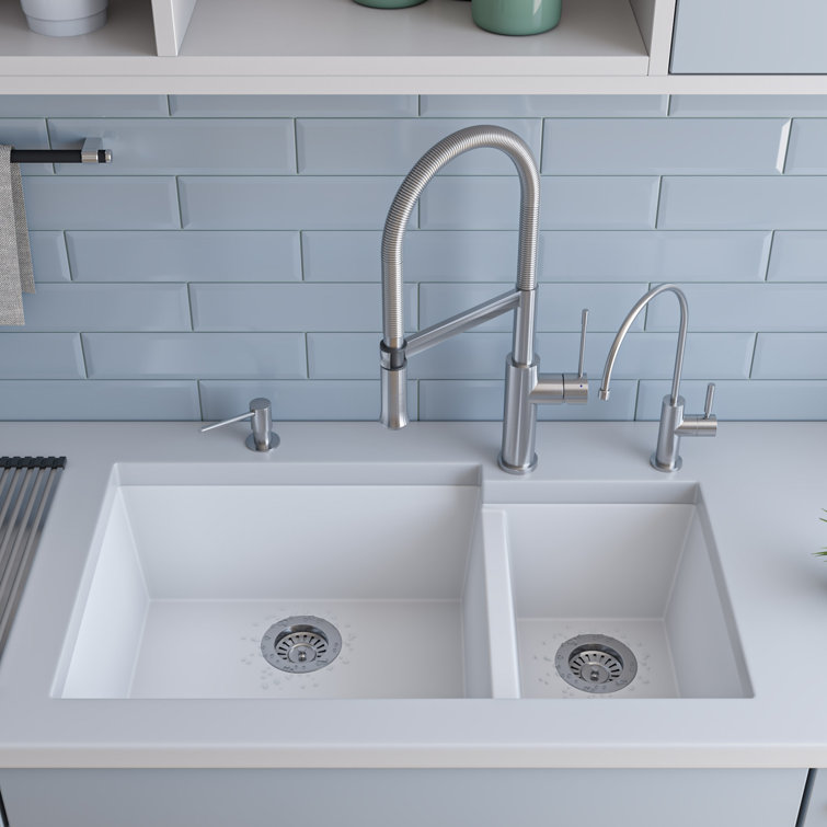 34'' White Granite Double Bowl Undermount Kitchen Sink