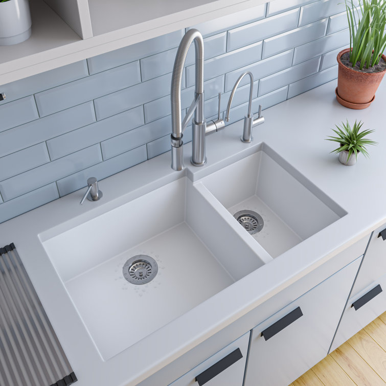34'' White Granite Double Bowl Undermount Kitchen Sink