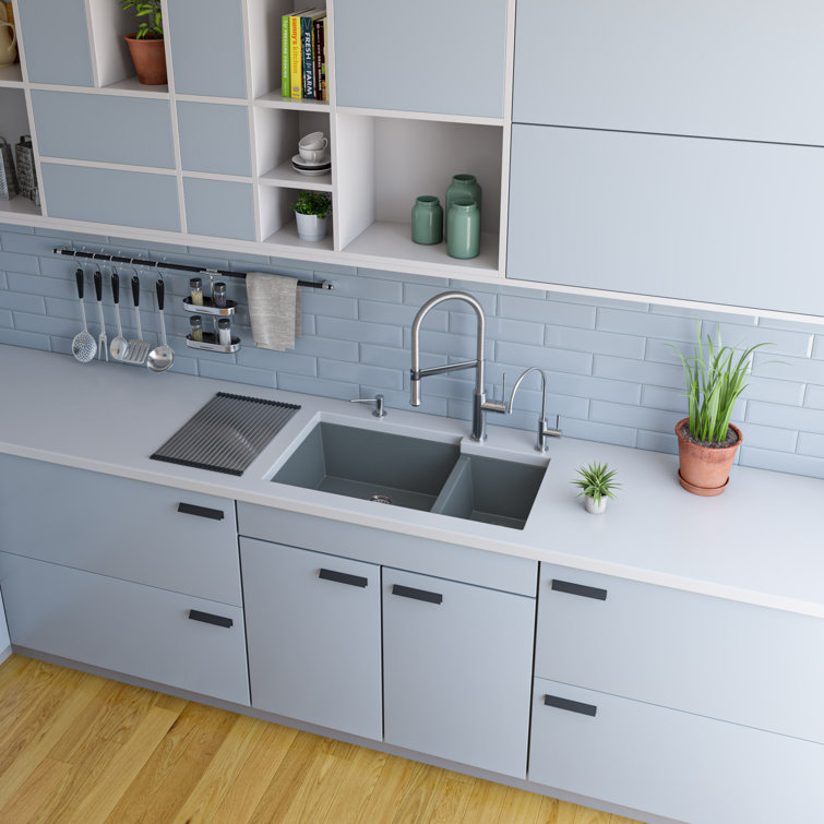 Titanium Double Bowl Granite Composite Undermount Kitchen Sink