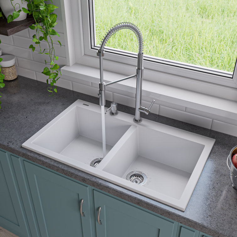 White Granite Double Bowl Drop-In Kitchen Sink