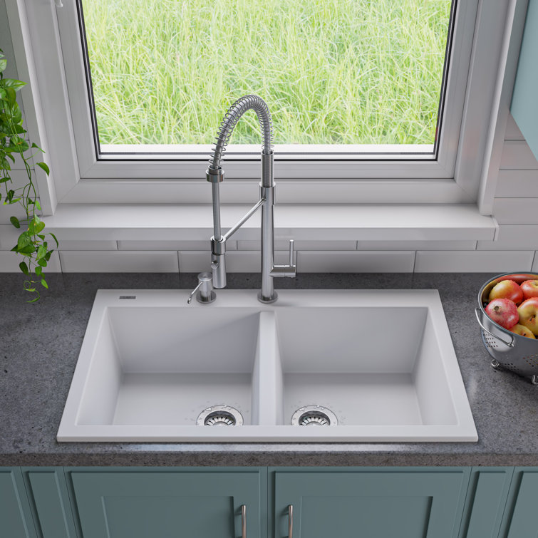 White Granite Double Bowl Drop-In Kitchen Sink