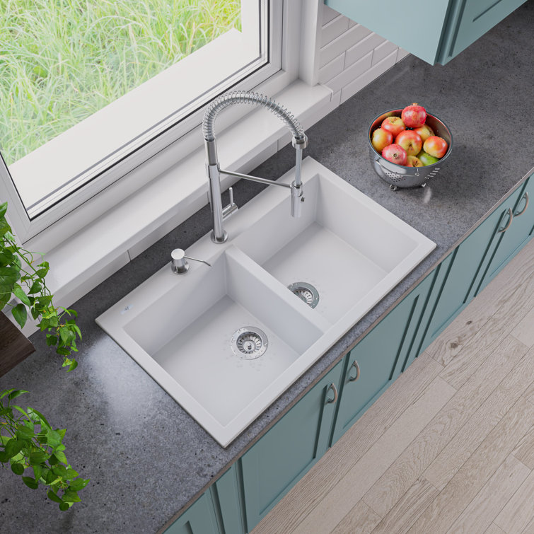White Granite Double Bowl Drop-In Kitchen Sink