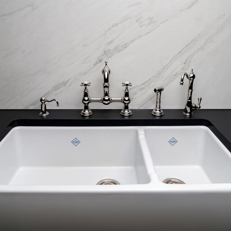 Lancaster 40" Double Bowl White Fireclay Farmhouse Sink