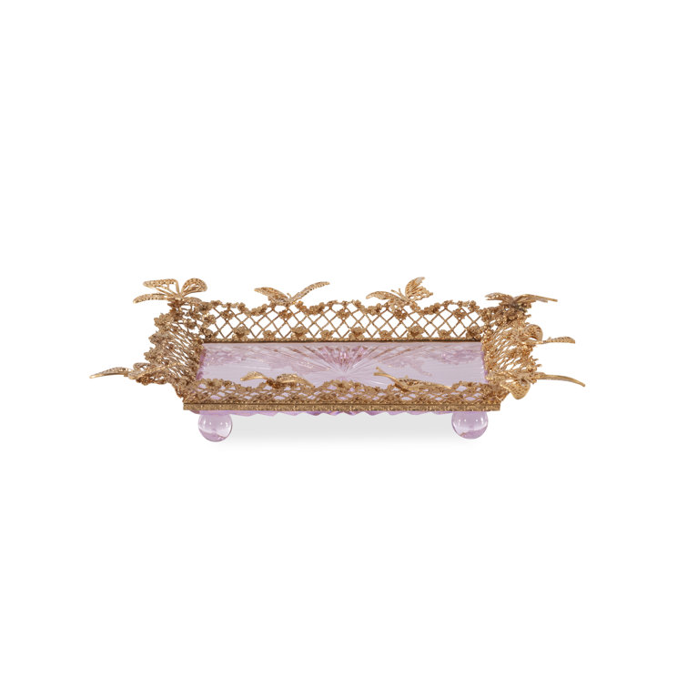 Glorieux Hand-Engraved Pink Crystal Tray with Gold Brass Butterflies