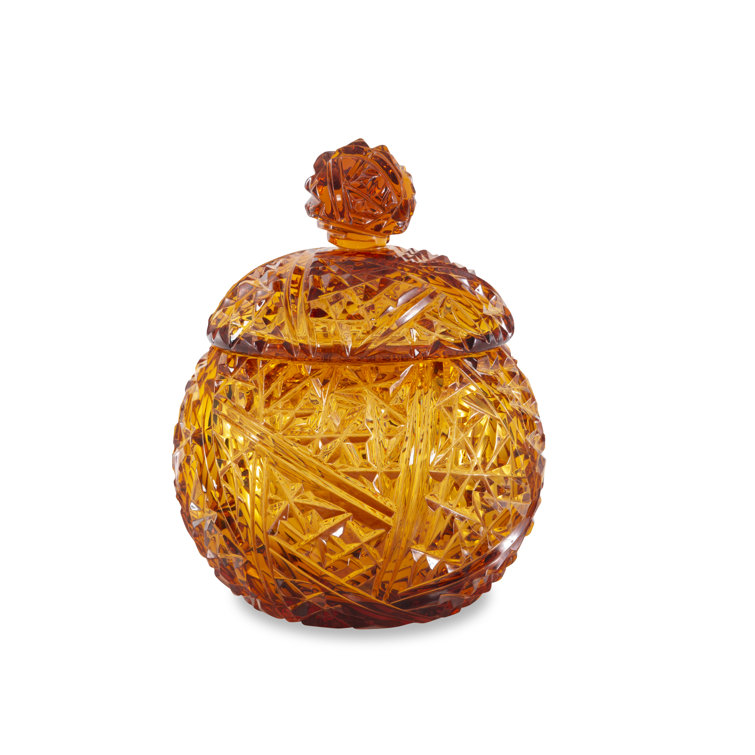 Handcrafted Amber Crystal Glass Nut Bowl with Lid