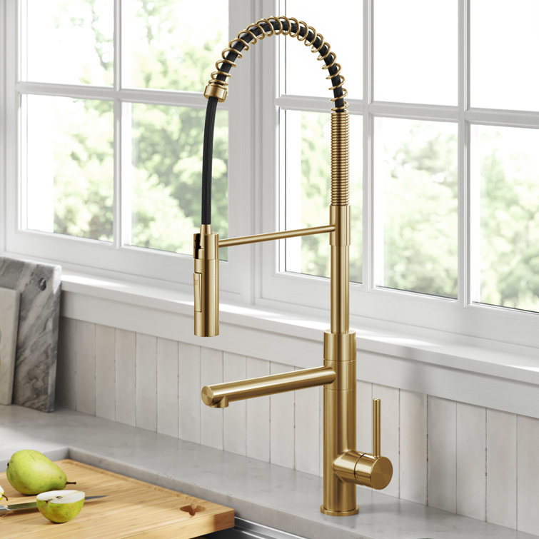 Brushed Brass Commercial Style Pull-Down Kitchen Faucet with Pot Filler