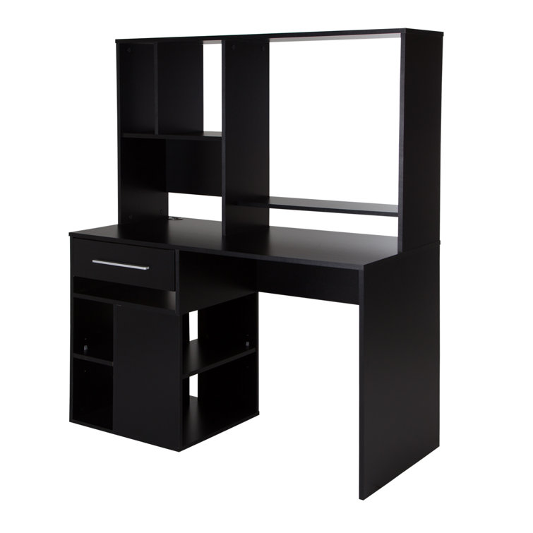 Pure Black Contemporary Home Office Desk with Hutch and USB Ports