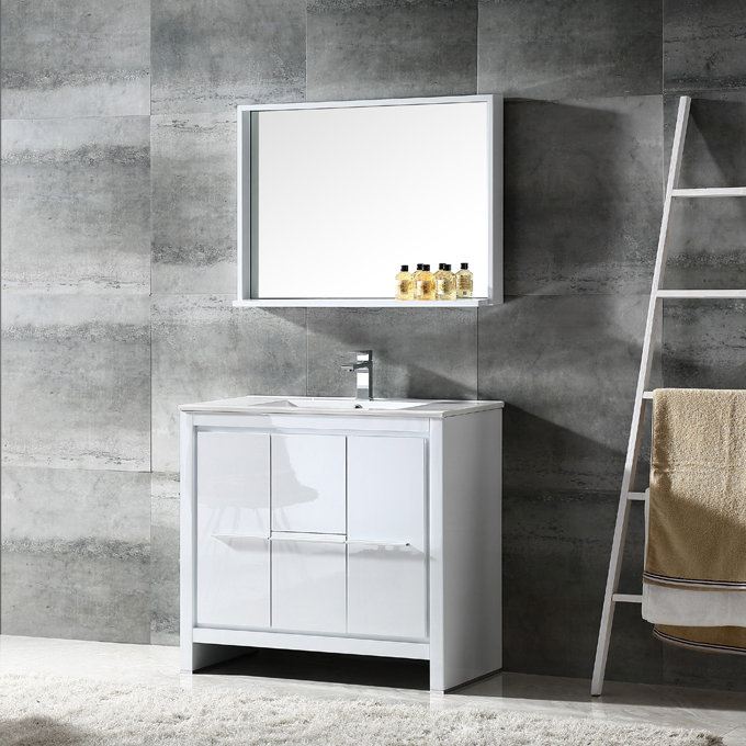 Modern Glossy White 36" Plywood Vanity Set with Ceramic Top & Mirror