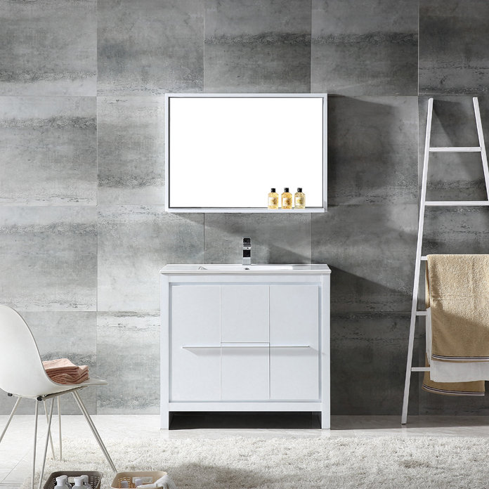 Modern Glossy White 36" Plywood Vanity Set with Ceramic Top & Mirror
