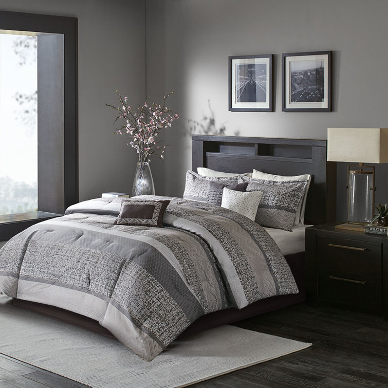 King Grey and Taupe Jacquard Comforter Set with Decorative Pillows