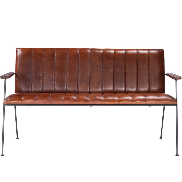 Vintage Phoenix 174" Brown Leather & Black Metal Bench