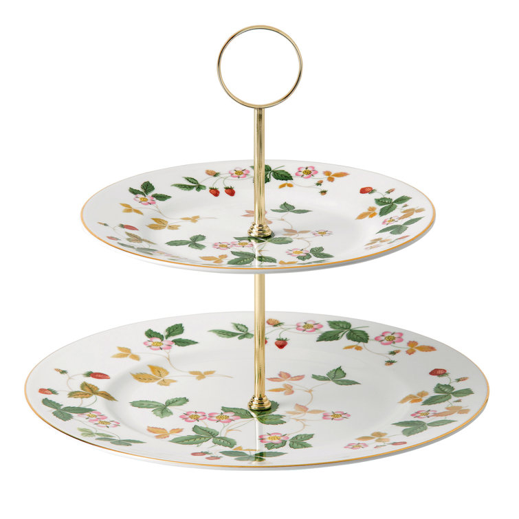 Wild Strawberry Ceramic Two-Tier Cake Stand with Gold Accents