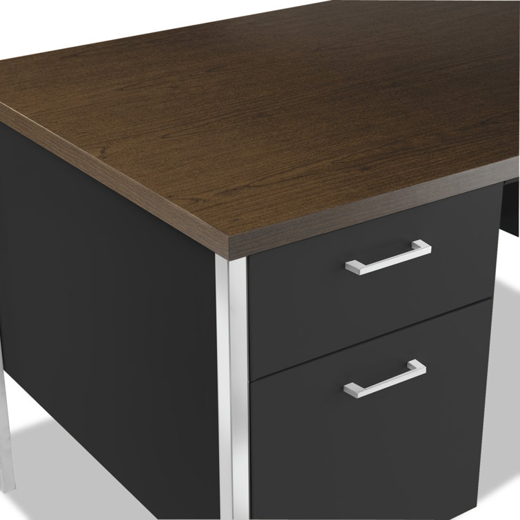 Walnut and Black Executive Desk with Filing Cabinets and Drawers