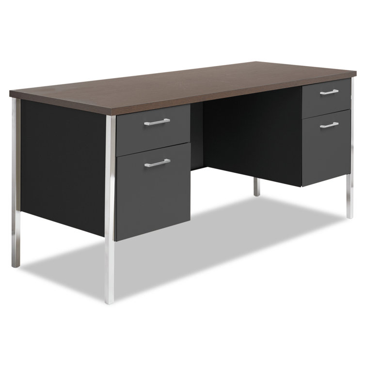 Walnut and Black Executive Desk with Filing Cabinets and Drawers