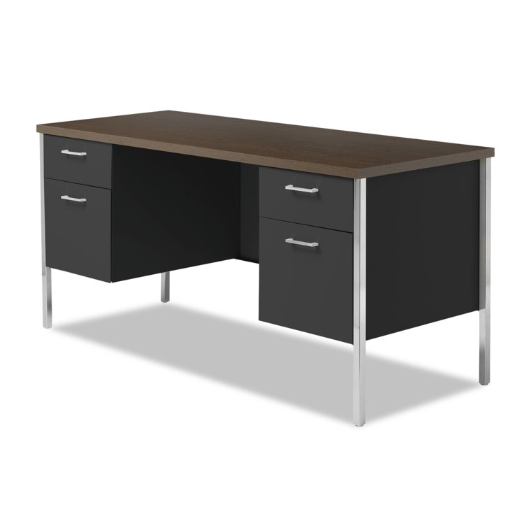 Walnut and Black Executive Desk with Filing Cabinets and Drawers
