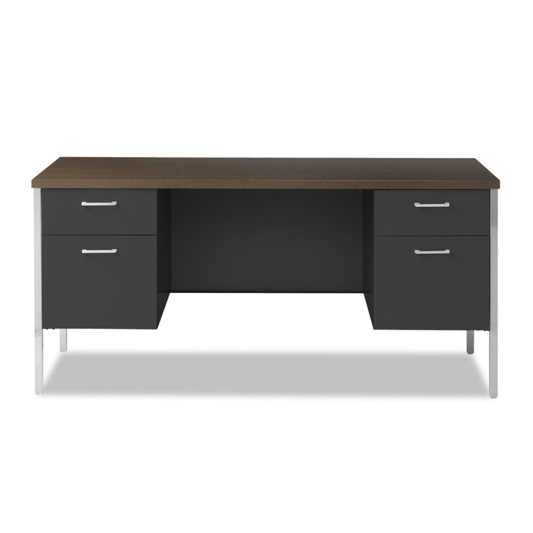 Walnut and Black Executive Desk with Filing Cabinets and Drawers
