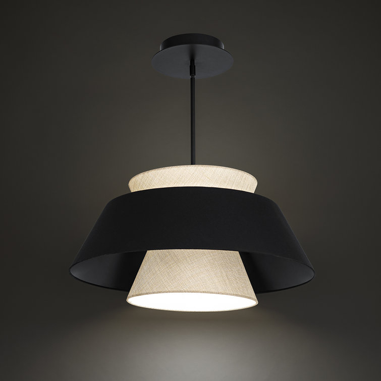 Rena Matte Black Aluminum LED Drum Pendant with Beige Fabric Shade