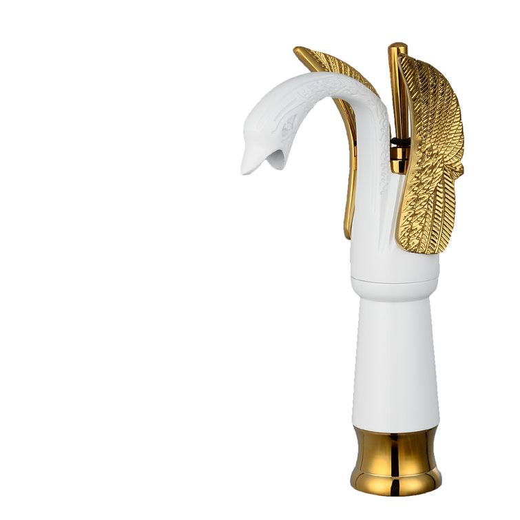 White and Gold Swan Single Hole Single-Handle Bathroom Faucet