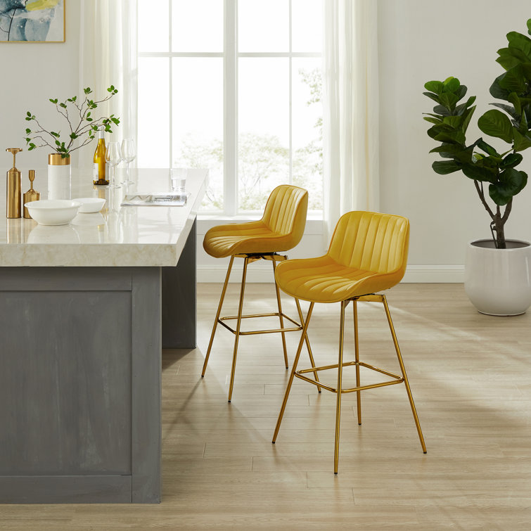 Golden Yellow Velvet Upholstered Swivel Bar Stools, Set of 4