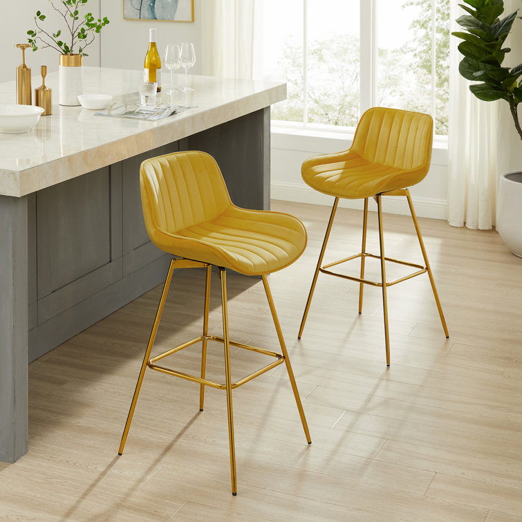 Golden Yellow Velvet Upholstered Swivel Bar Stools, Set of 4