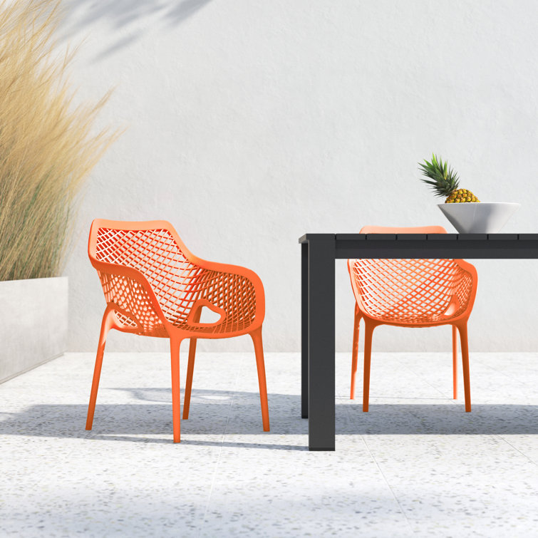 Orange Plastic Resin Stackable Outdoor Dining Chairs, Set of 2