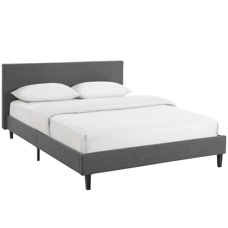 Gray Full Upholstered Platform Bed with Wood Slats