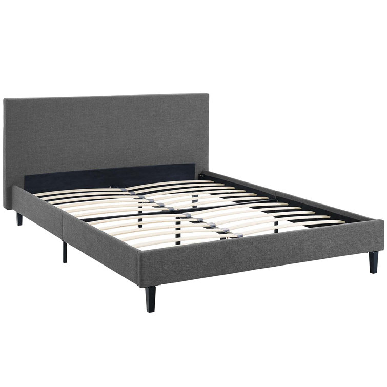 Gray Full Upholstered Platform Bed with Wood Slats