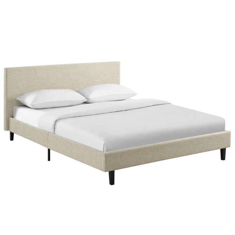 Anya Modern Queen Platform Bed with Upholstered Headboard in Beige
