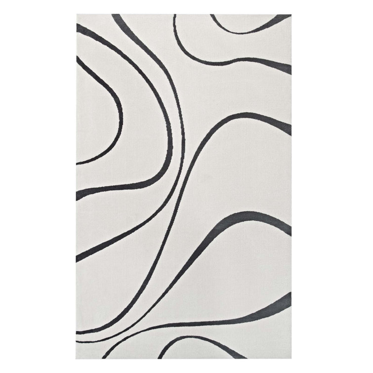 Ivory and Charcoal Abstract Swirl 5' x 8' Synthetic Area Rug