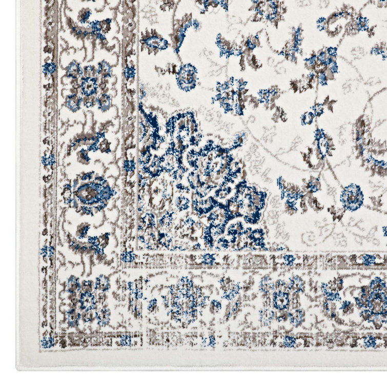 Ivory and Moroccan Blue Medallion Synthetic 5x8 Rug