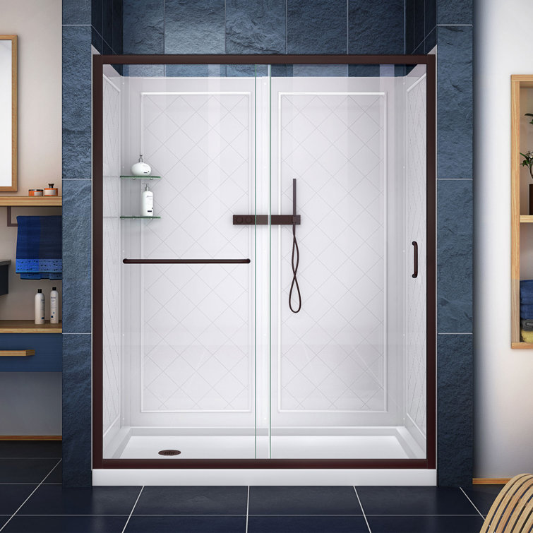 Matte Black Clear Glass Sliding Shower Kit with Left Drain