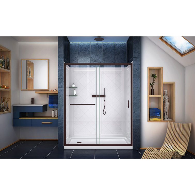 Matte Black Clear Glass Sliding Shower Kit with Left Drain