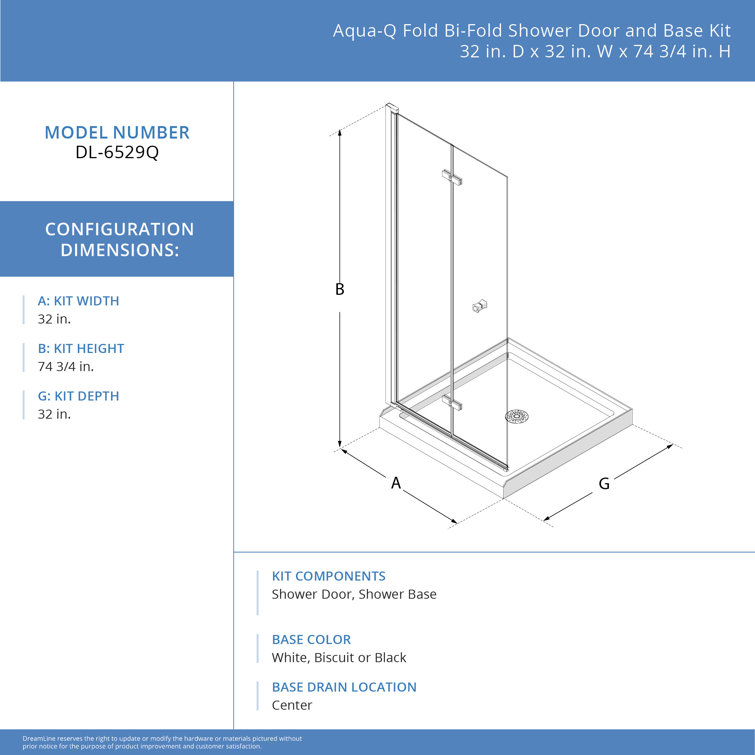 Aqua-Q Fold 32" x 32" Frameless Bifold Shower Kit with Brushed Nickel Finish