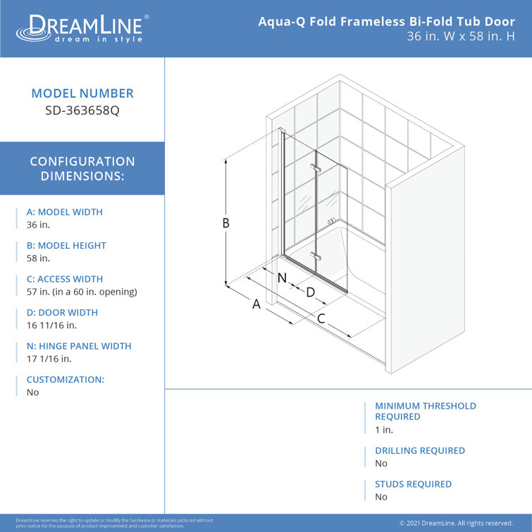 Aqua-Q Fold 36" x 58" Frameless Tub Door in Oil Rubbed Bronze