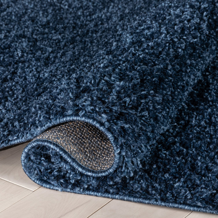 Dark Blue Reversible Solid Shag Synthetic Area Rug
