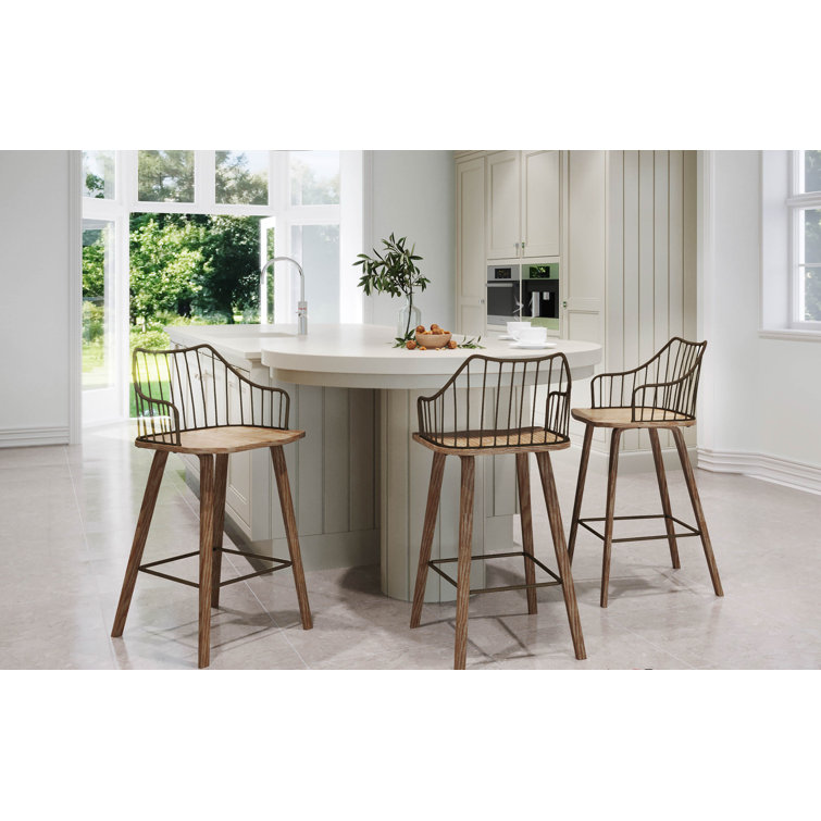 Beige Transitional Wood and Metal Swivel Counter Stool