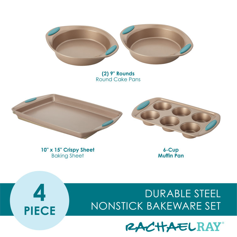 Latte Brown Nonstick 4-Piece Bakeware Set with Agave Blue Grips