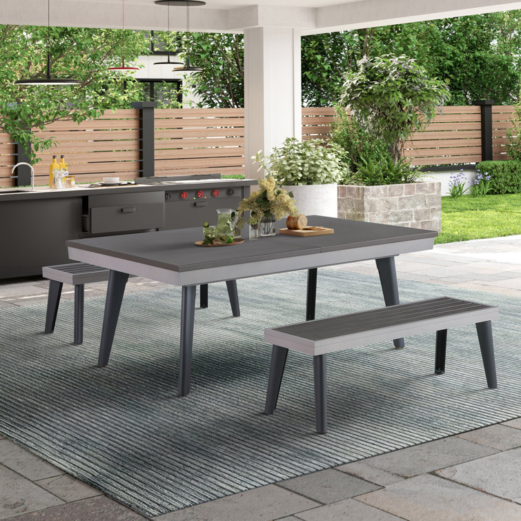 Santorini 82" Gray Aluminum Slate Outdoor Pool Table with Benches