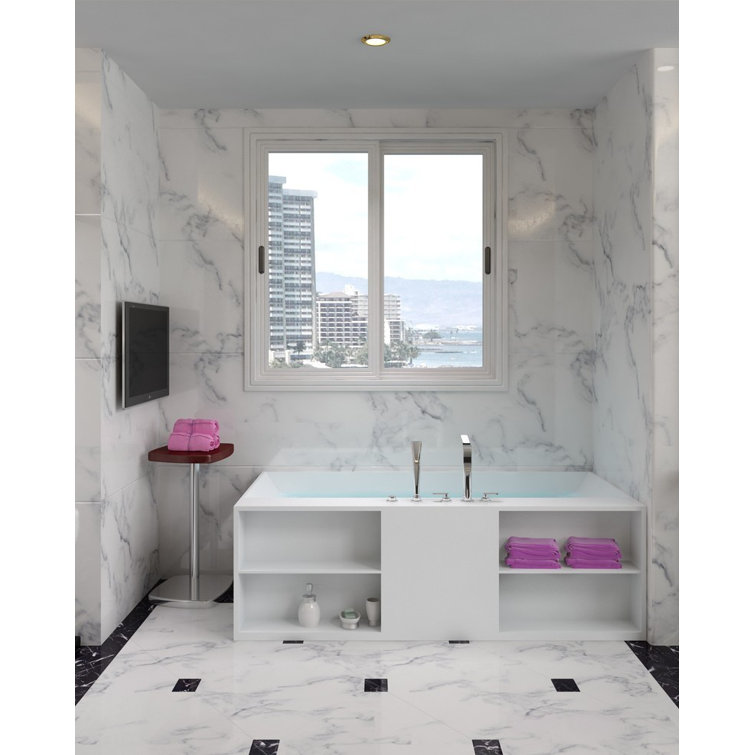 Matte White Stone Resin Freestanding Bathtub with Shelves