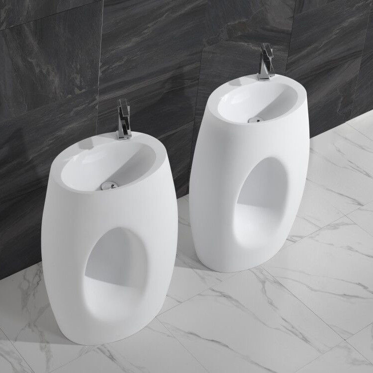 Glossy White Stone Resin Oval Pedestal Sink