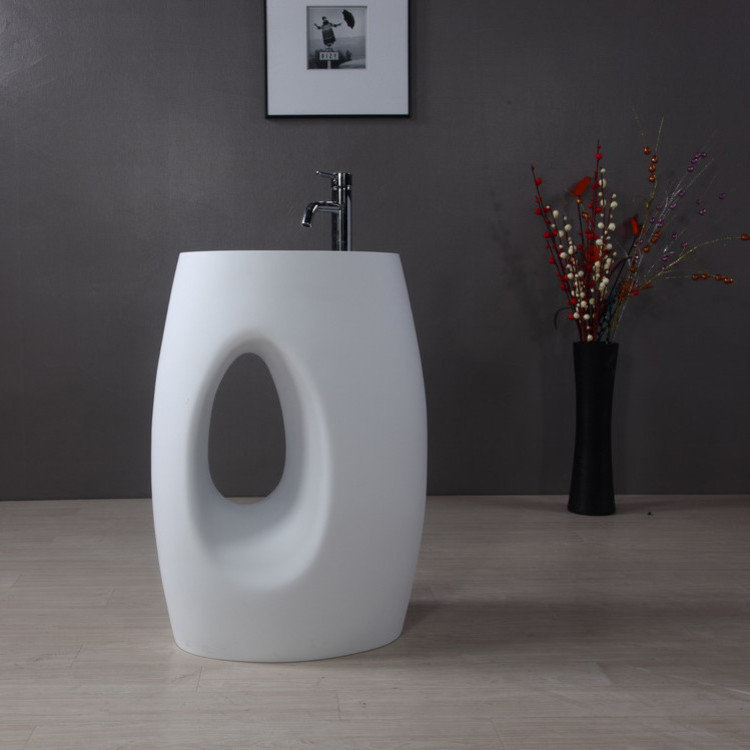Glossy White Stone Resin Oval Pedestal Sink