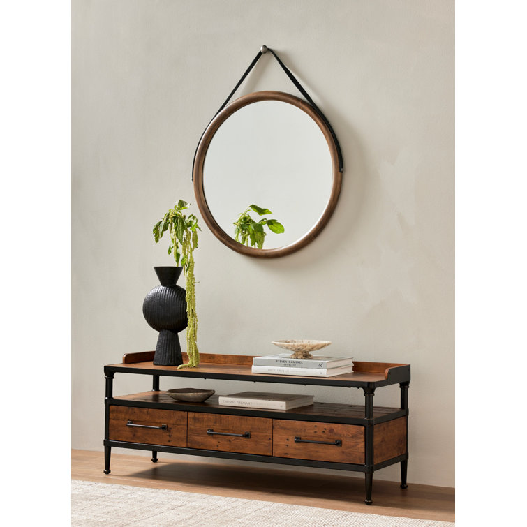 Modern Black-Washed Poplar & Toffee Leather 30" Wall Mirror