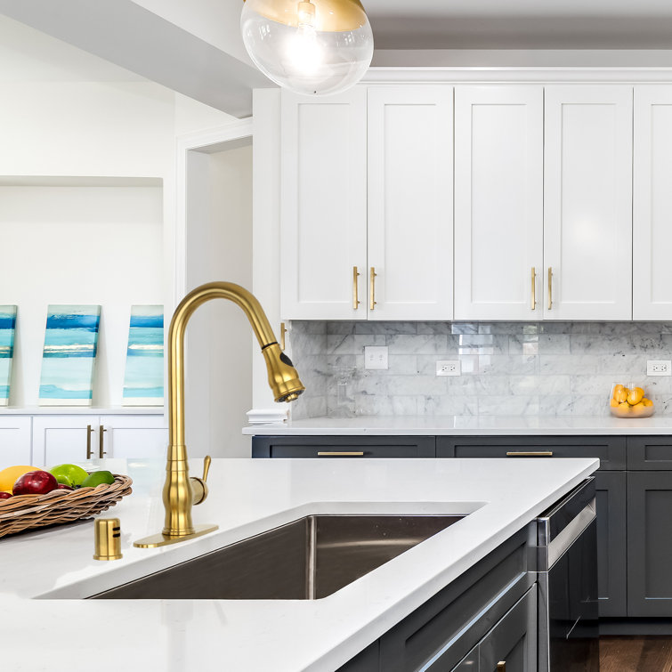 Brushed Gold Brass Pull Down Kitchen Faucet with Deck Plate