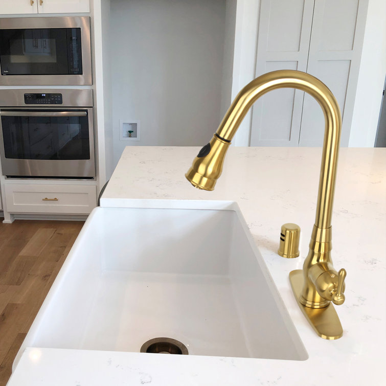 Brushed Gold Brass Pull Down Kitchen Faucet with Deck Plate