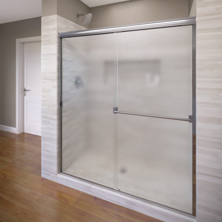 Silver Semi-Frameless Sliding Shower Door with Obscure Glass