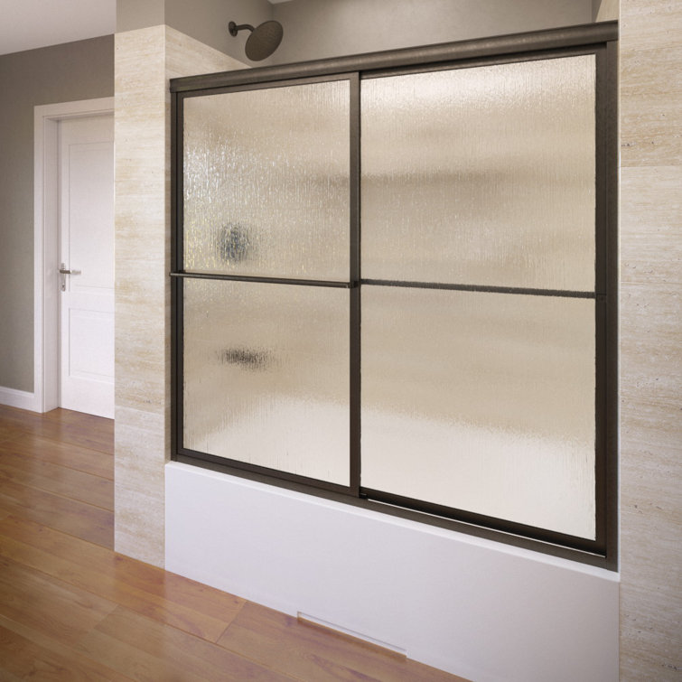 Deluxe Oil Rubbed Bronze Framed Sliding Tub Door with Rain Glass
