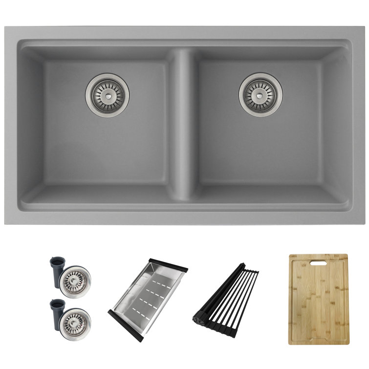 Gray Composite Granite Double Bowl Drop-In Kitchen Sink with Accessories