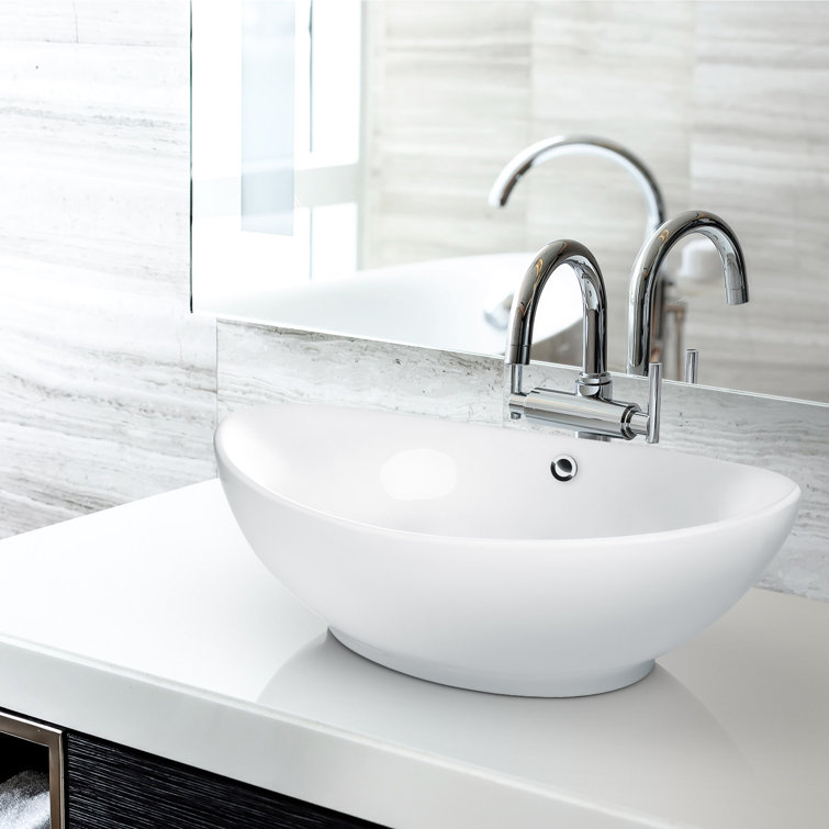 Large White Oval Ceramic Above-Counter Vessel Sink